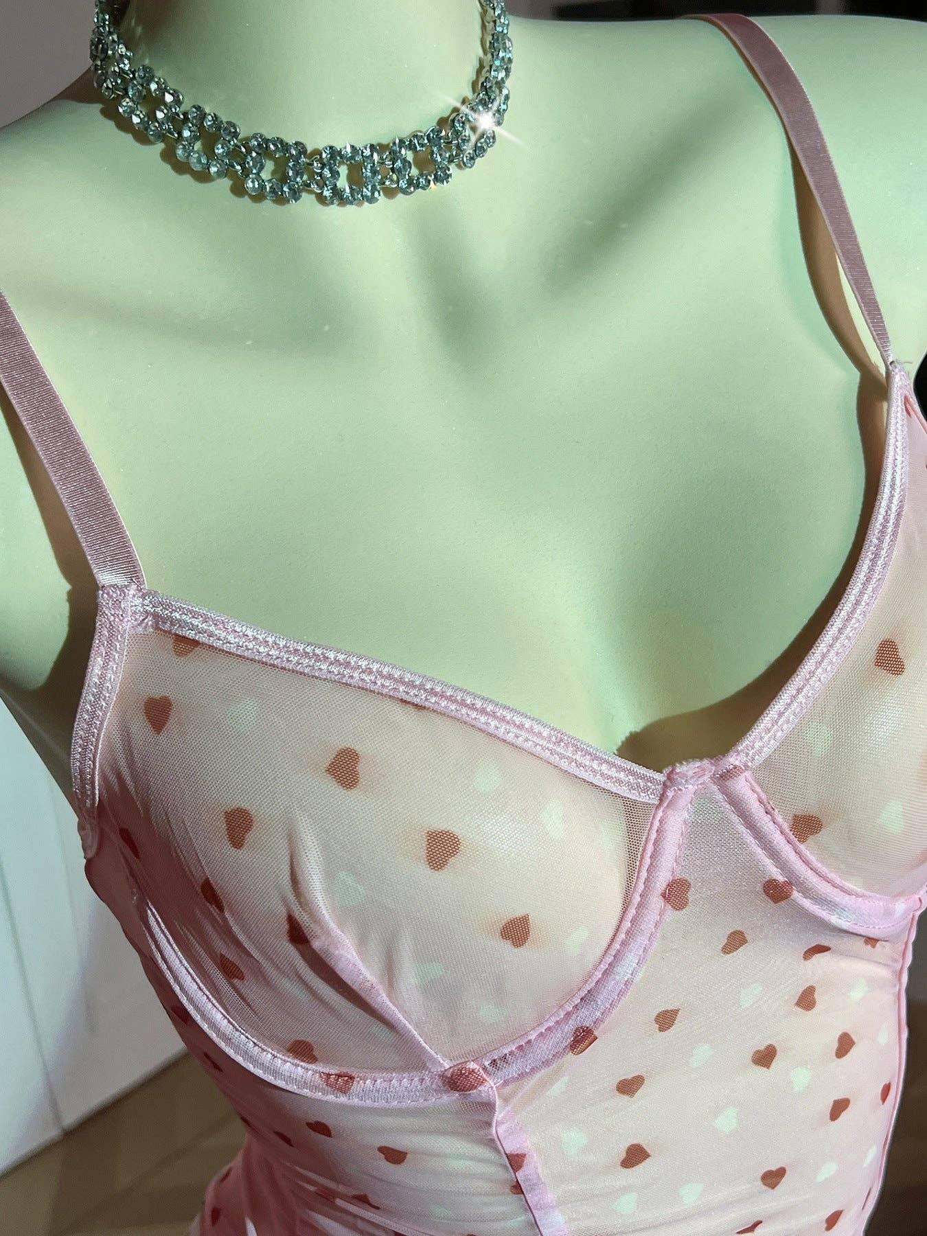 Ladies Heart Print See Through Lingerie Chemise Set