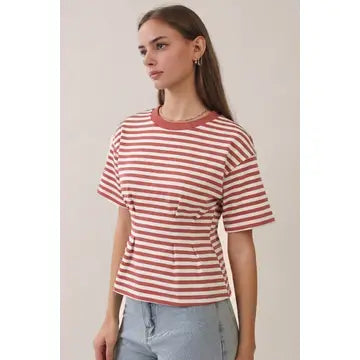 Stripe Short Sleeve Pintucked Tee with Contrast Neckline