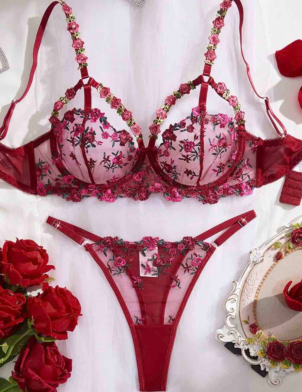 Ladies Floral Embroidered Wine Colored Bra