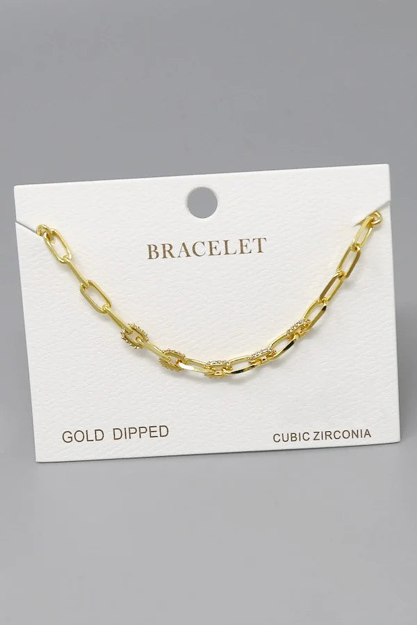 CZ Pave Paperclip Link Chain Gold Dipped Bracelet