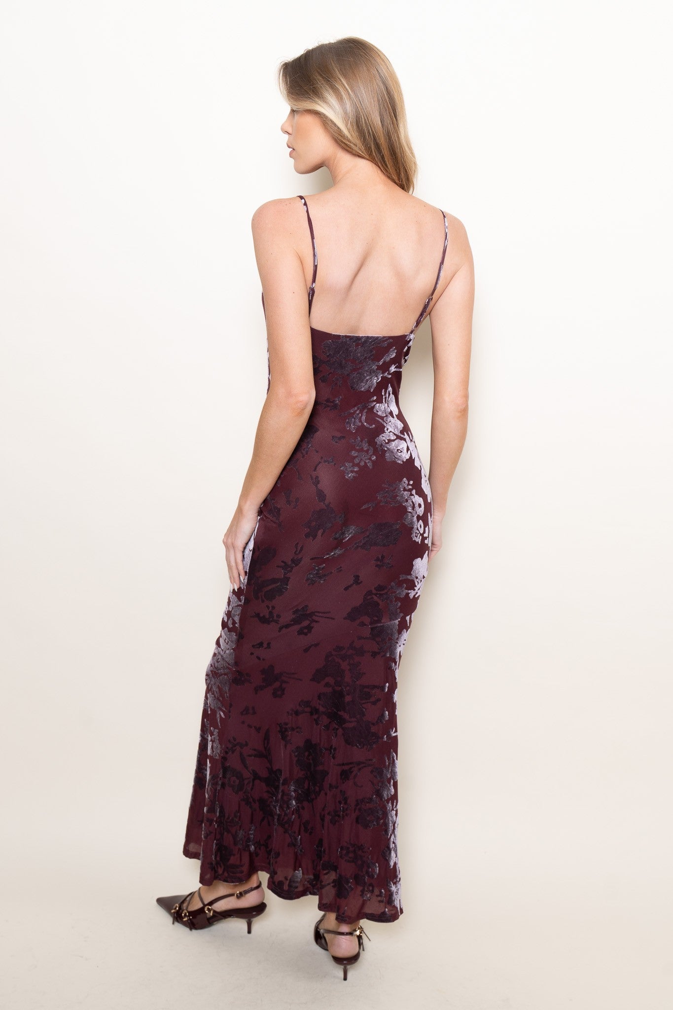 Cowl Neck Velvet Floral Maxi Dress