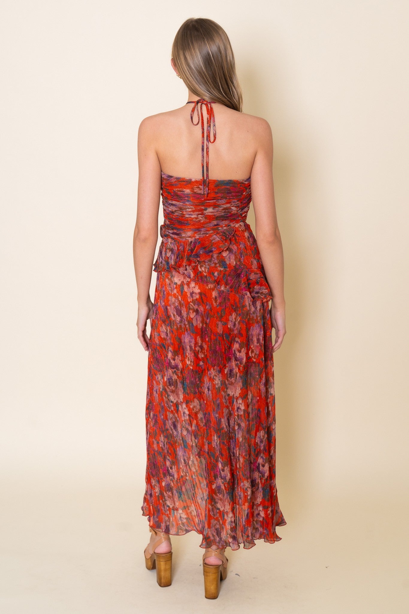 Ruffled Floral Print Halter Neck Maxi Dress