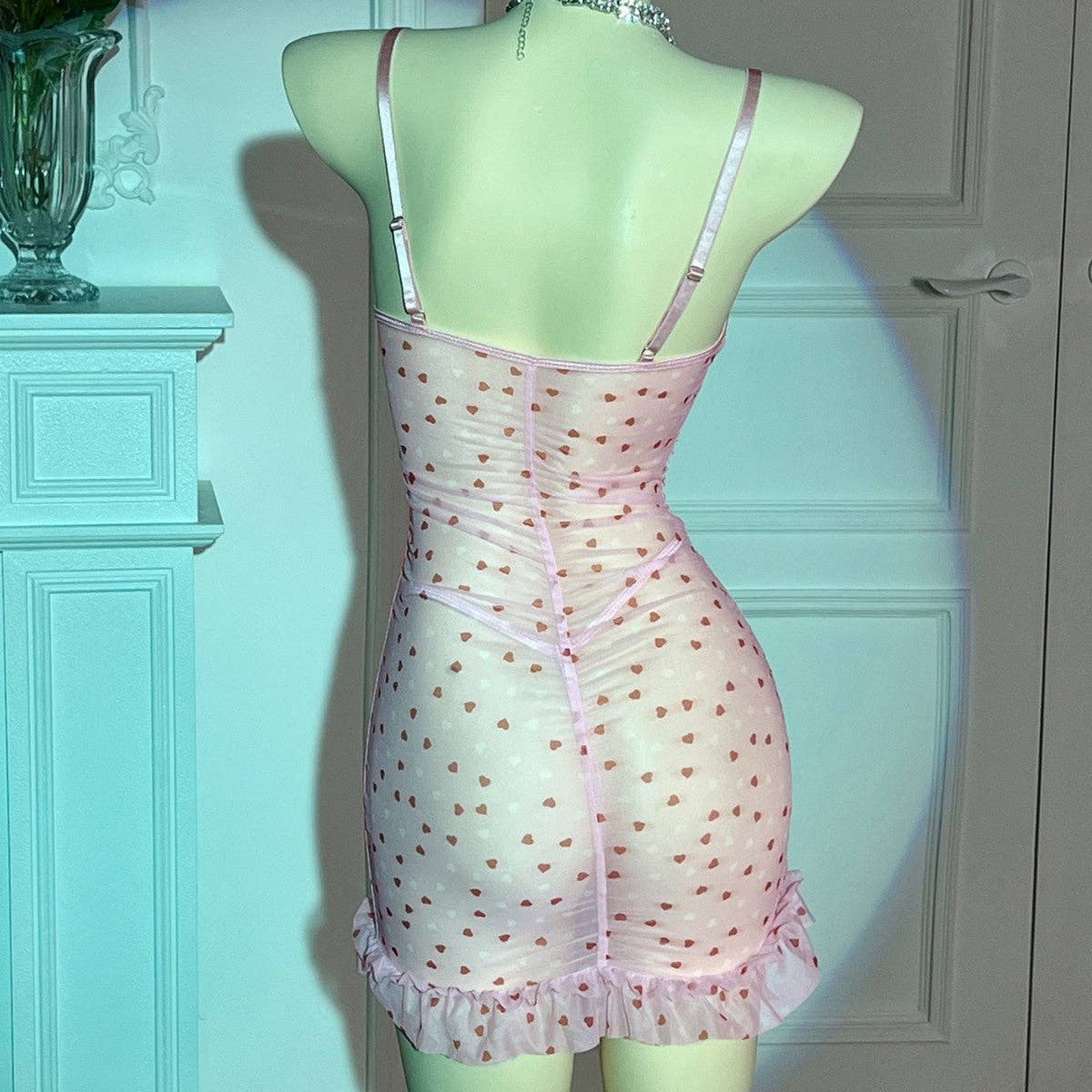 Ladies Heart Print See Through Lingerie Chemise Set