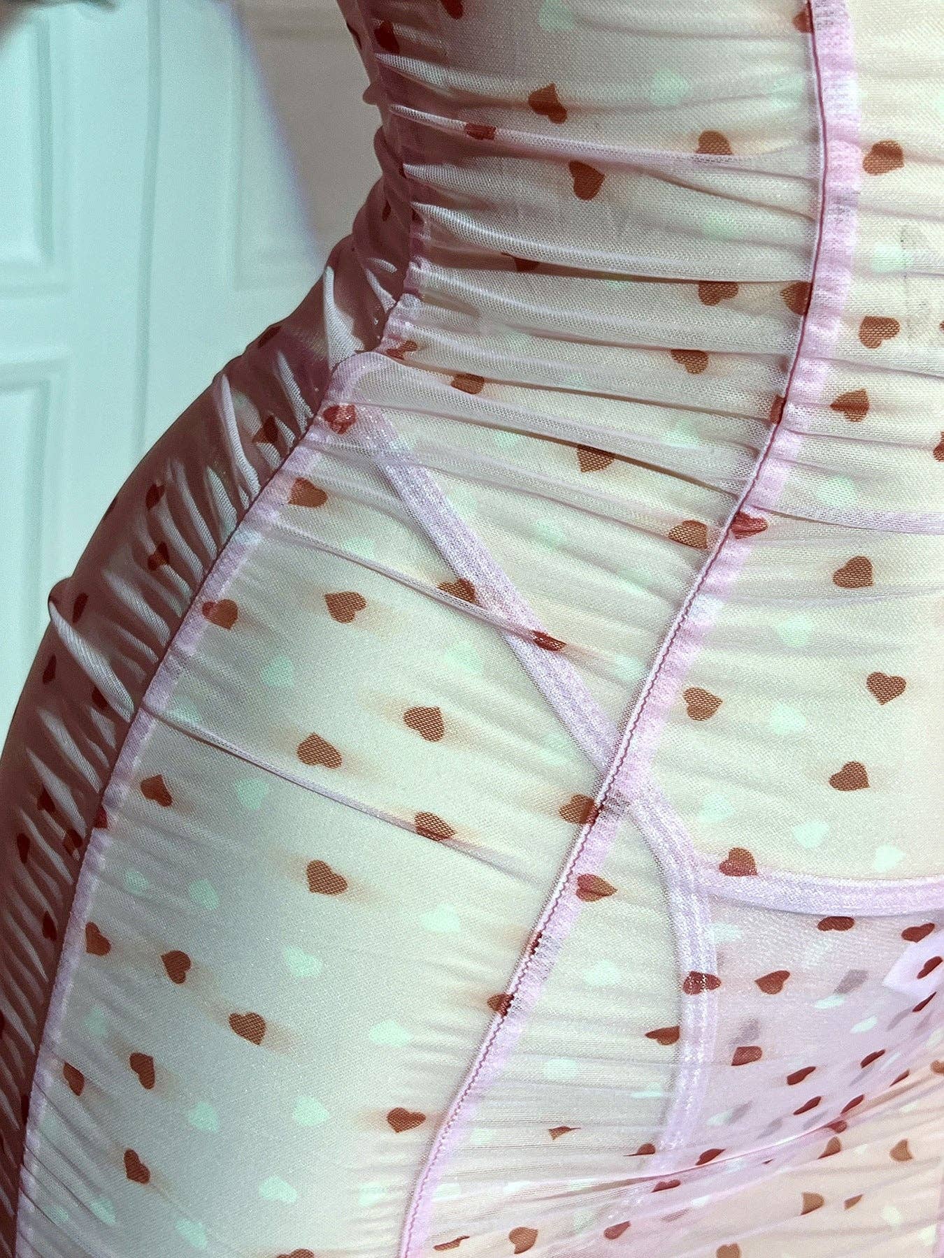 Ladies Heart Print See Through Lingerie Chemise Set