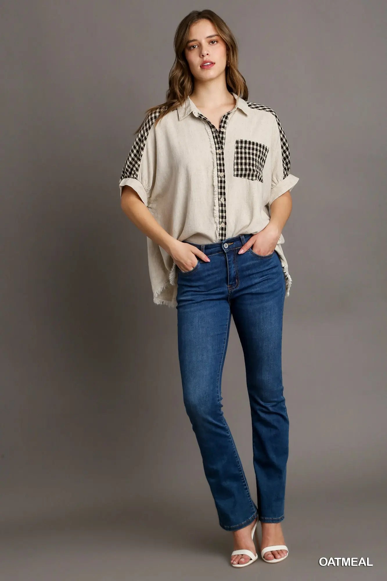 Checkered Detail Linen Shirt
