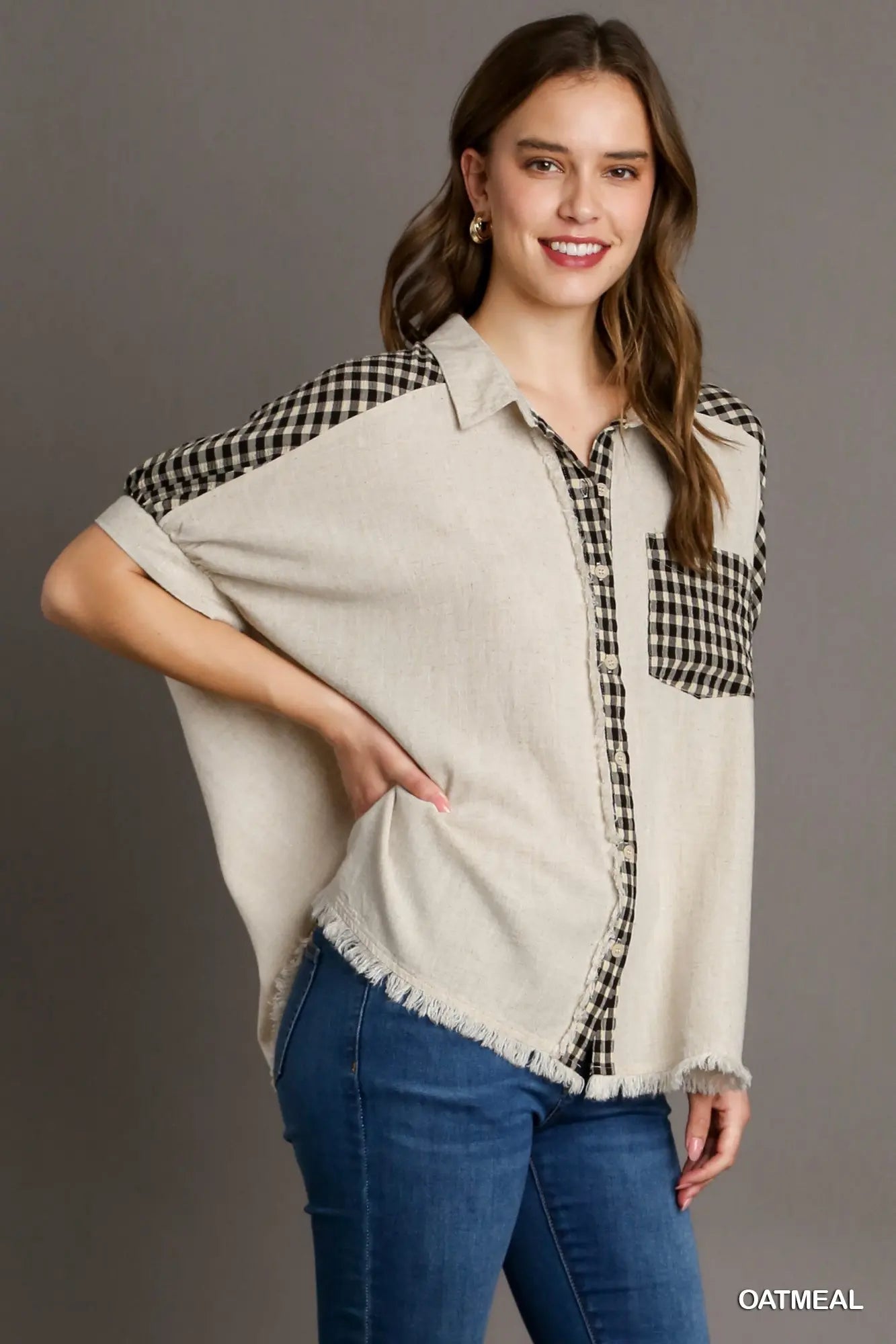 Checkered Detail Linen Shirt