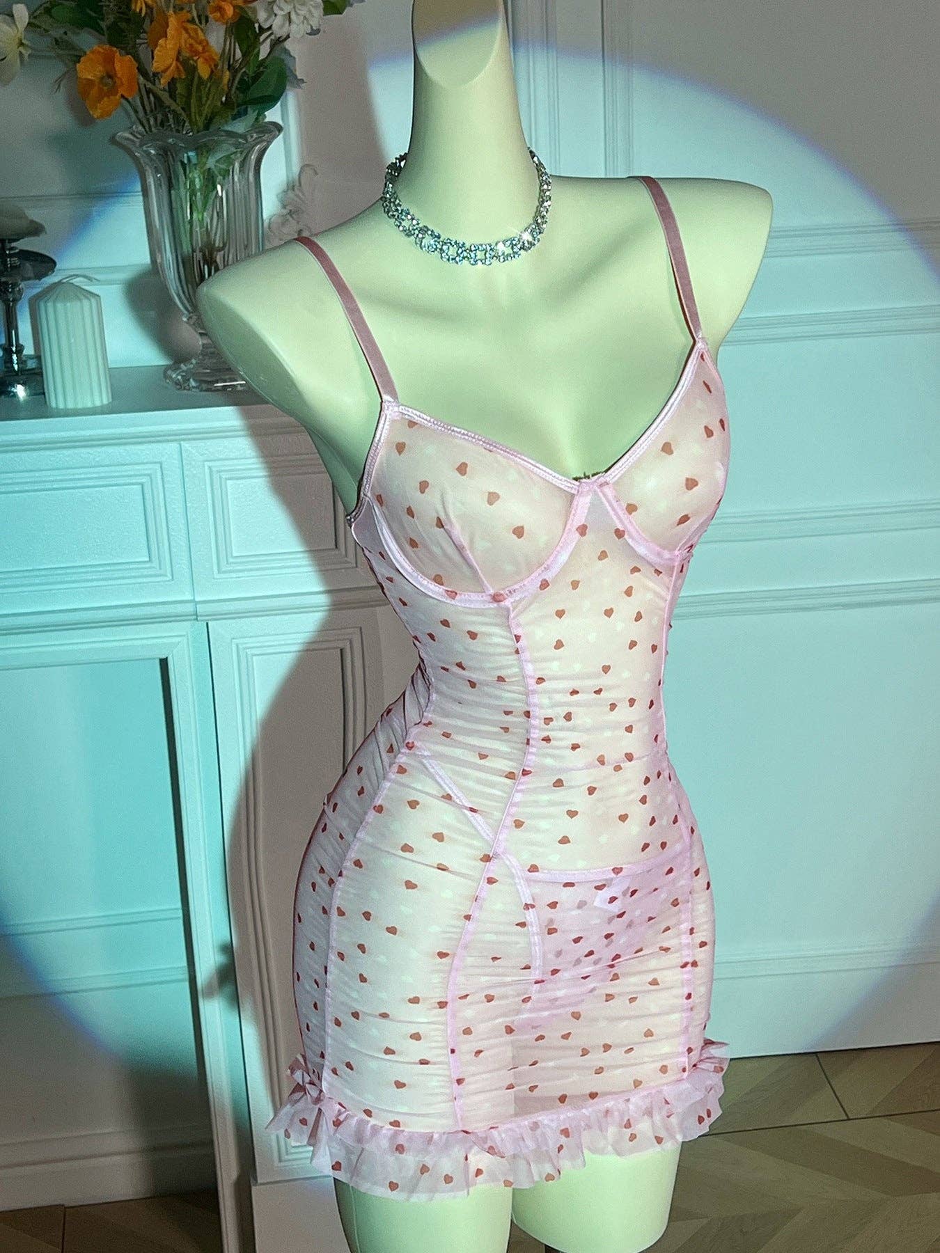 Ladies Heart Print See Through Lingerie Chemise Set