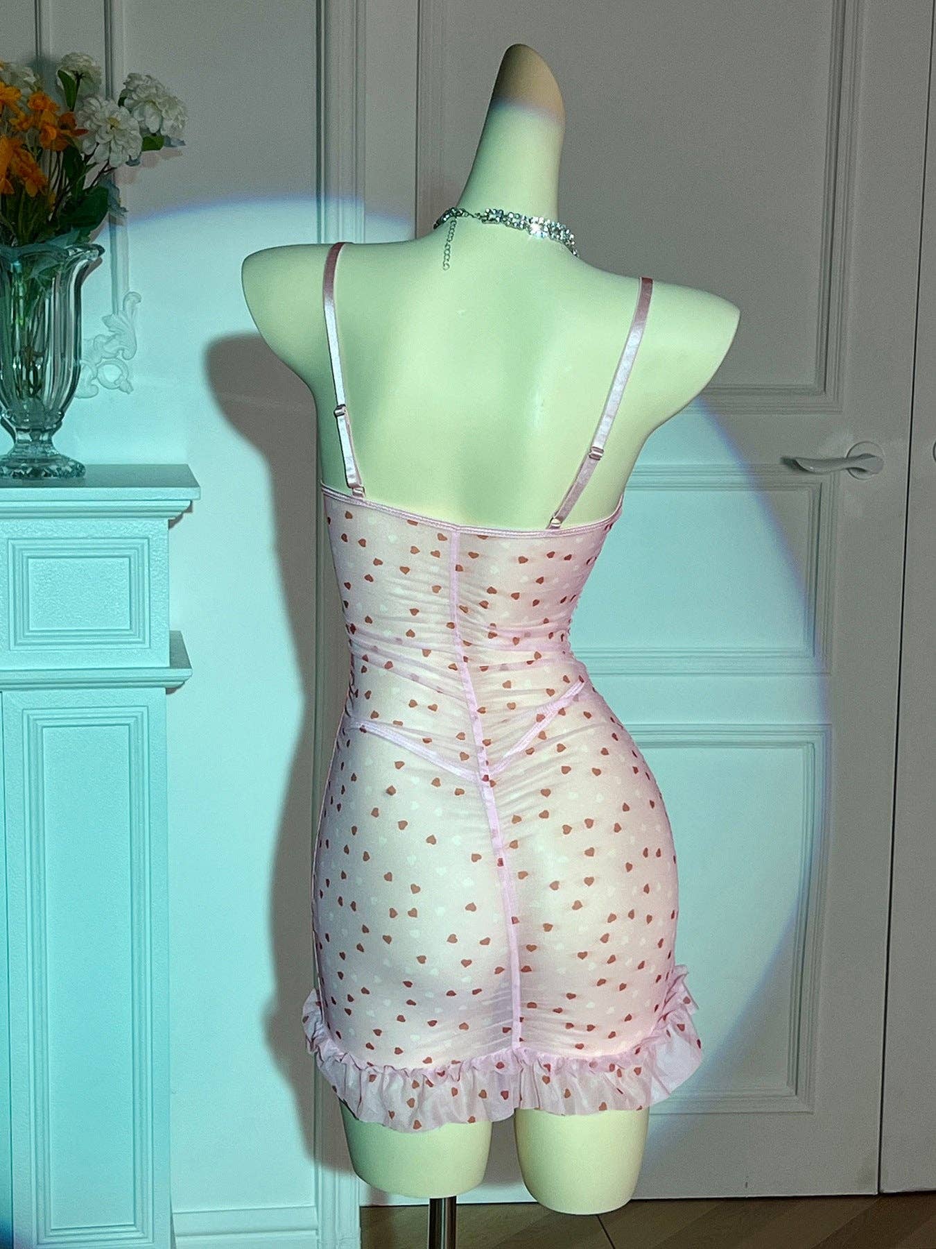 Ladies Heart Print See Through Lingerie Chemise Set