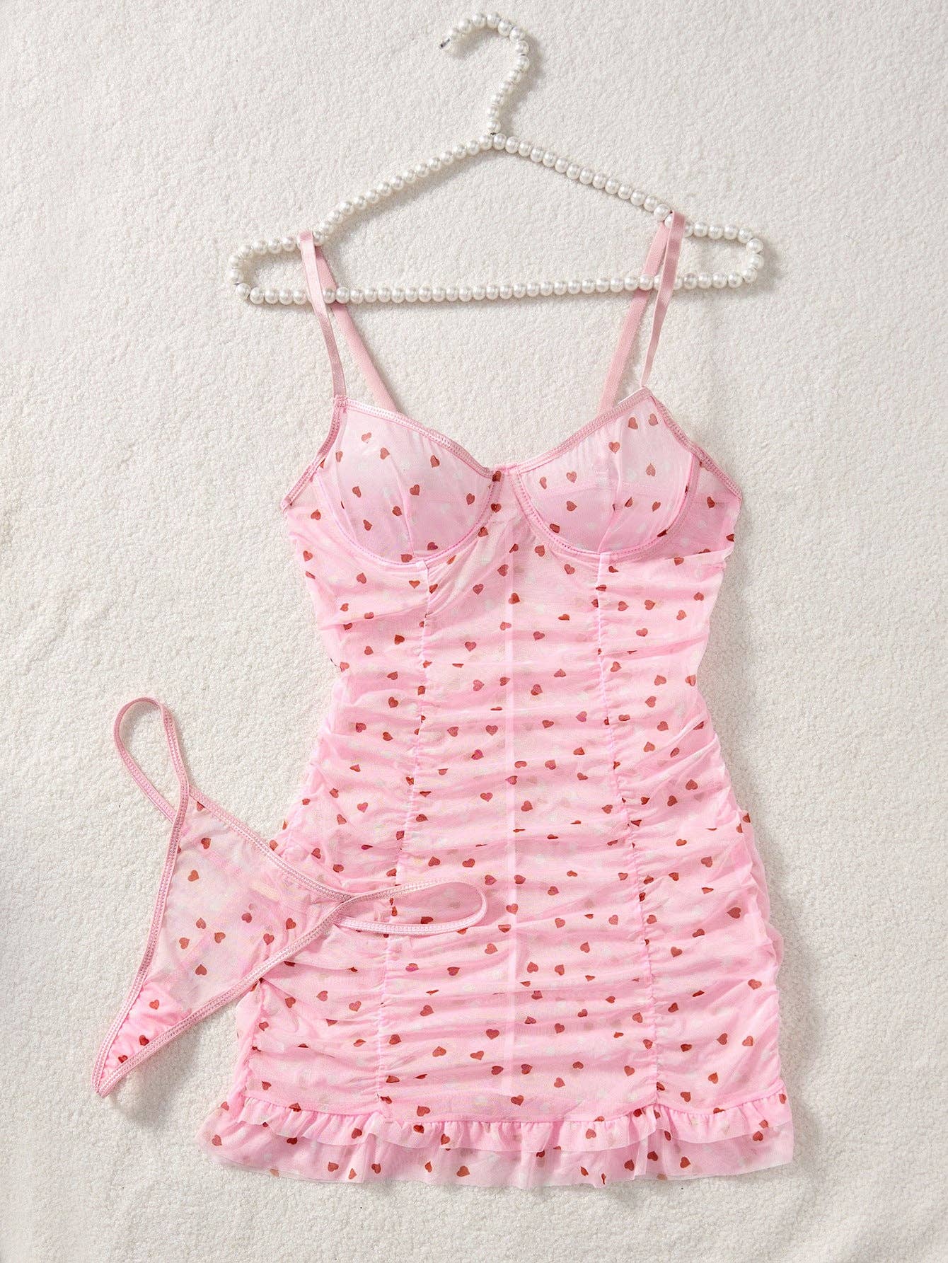 Ladies Heart Print See Through Lingerie Chemise Set