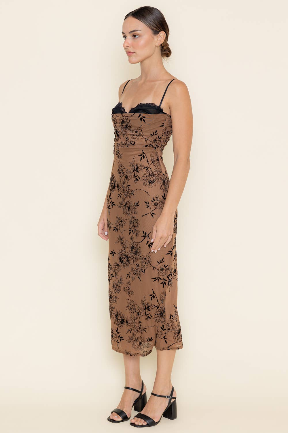 LACE BURN OUT VELVET FLORAL MESH MIDI DRESS-DI9668FO