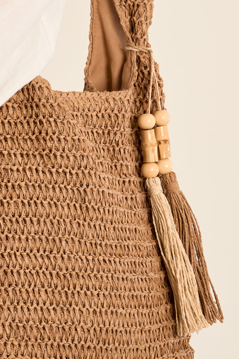 MB Beige Woven Tote Bag with Tassel