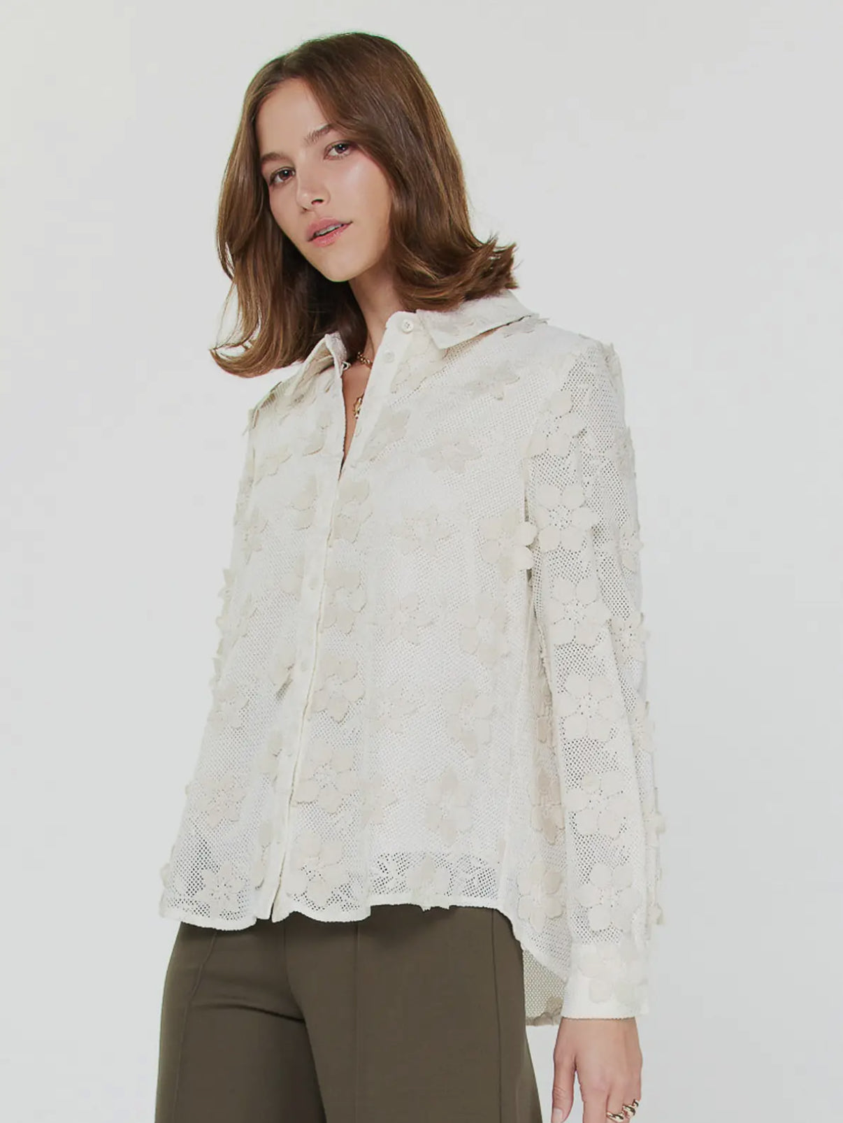 Button Down Shirt with 3D Floral Lace