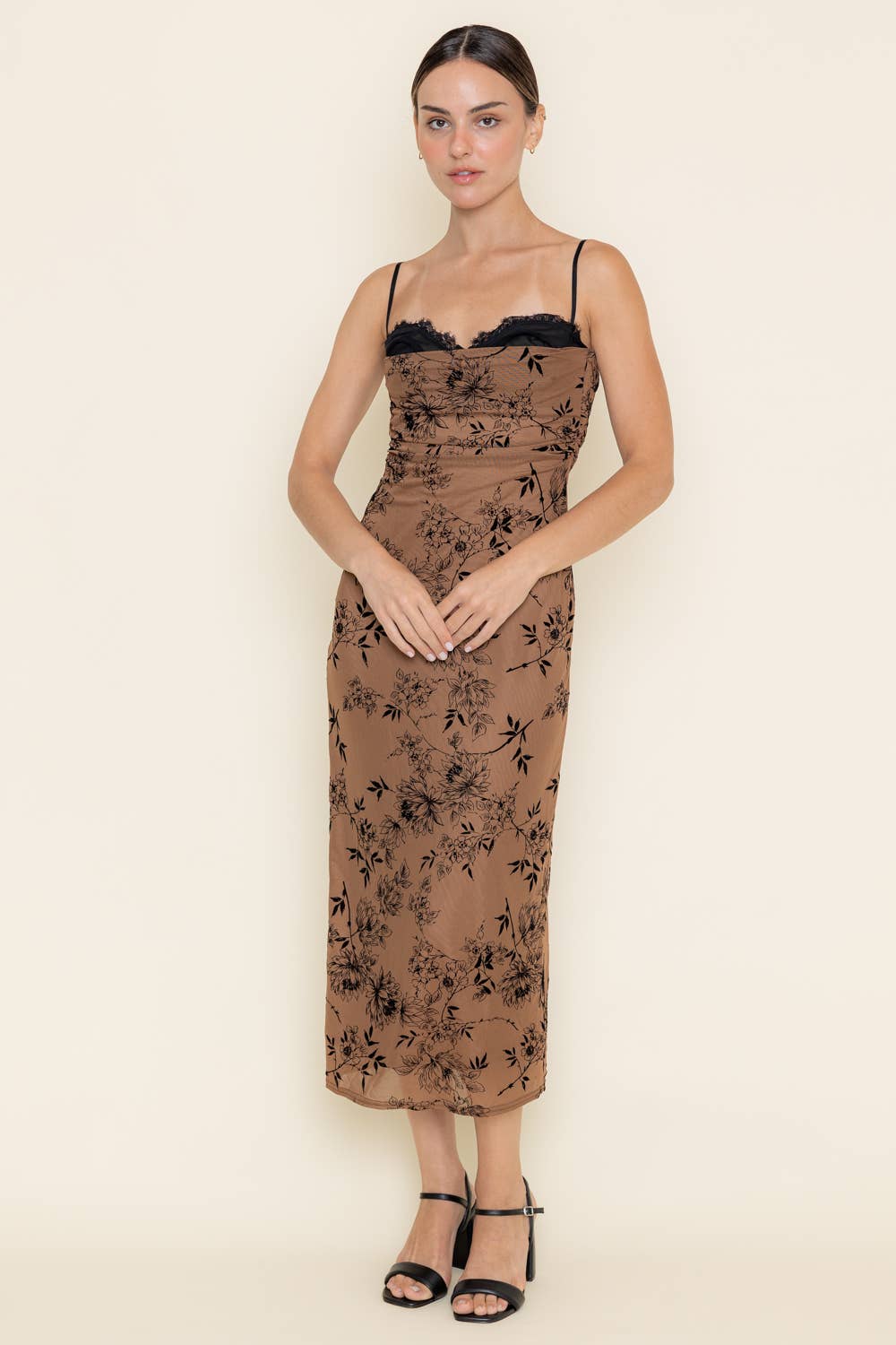 LACE BURN OUT VELVET FLORAL MESH MIDI DRESS-DI9668FO
