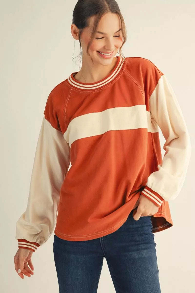Drop Shoulder Color Block Long Sleeve Top