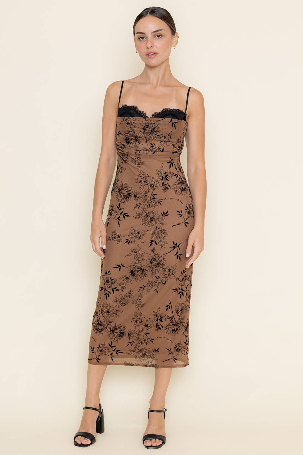 LACE BURN OUT VELVET FLORAL MESH MIDI DRESS-DI9668FO