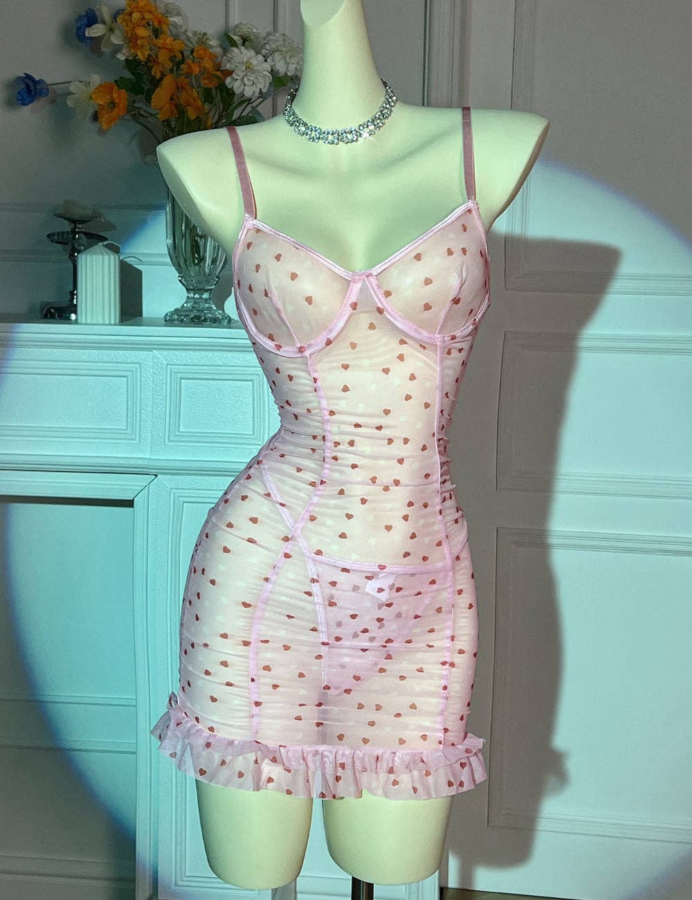 Ladies Heart Print See Through Lingerie Chemise Set