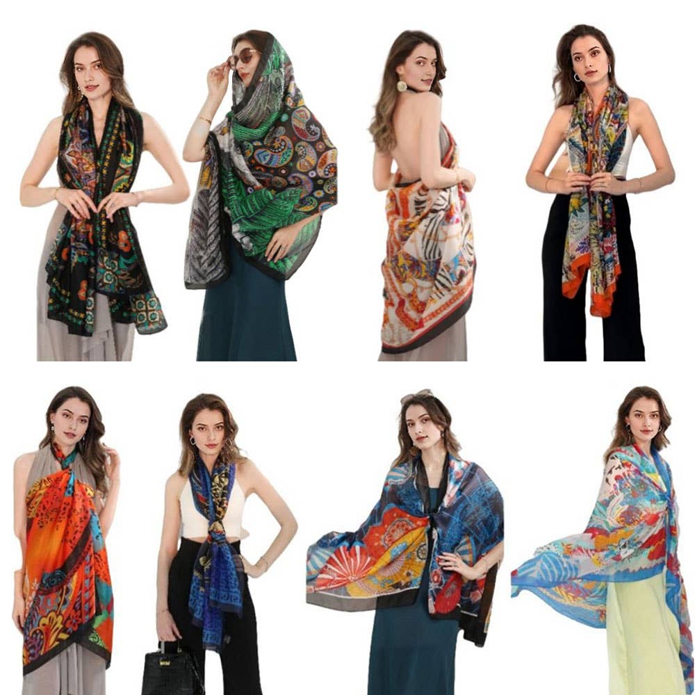 Abstract Pattern Printed Oblong Silky Satin Scarf Shawl