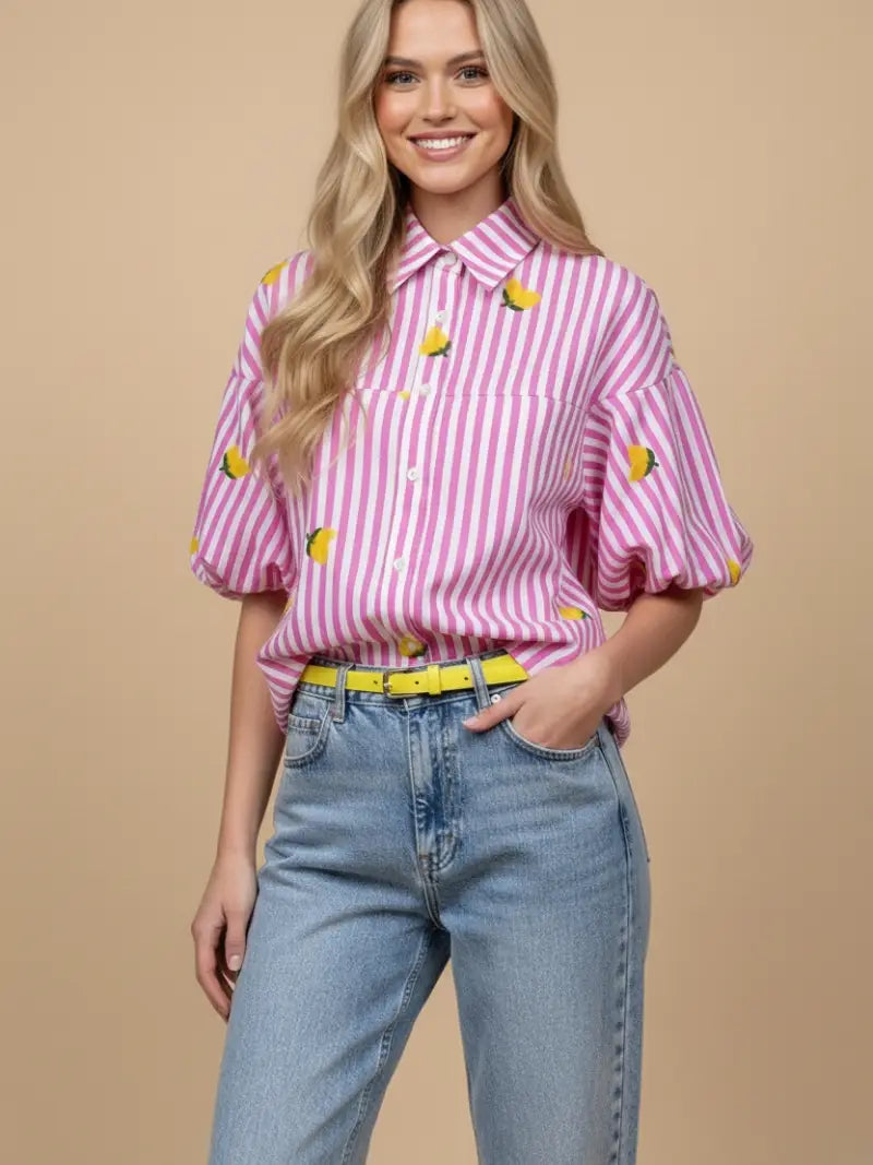 Pink Striped Puff Sleeve Lemon Short Sleeve Button Down Top (S to 3X)