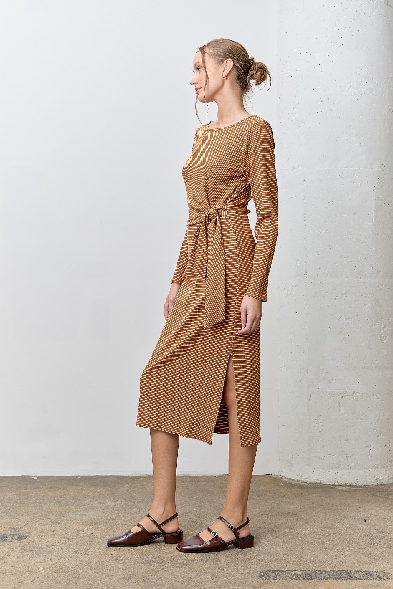 Stripe Round Neck LS Midi Dress