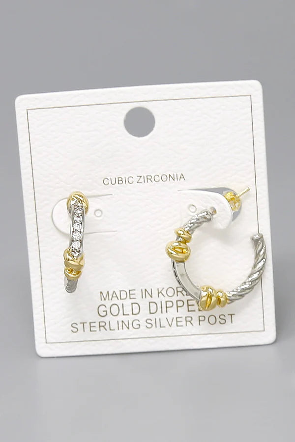 Two Tone Knot Detail Pave Gold Dipped Earrings