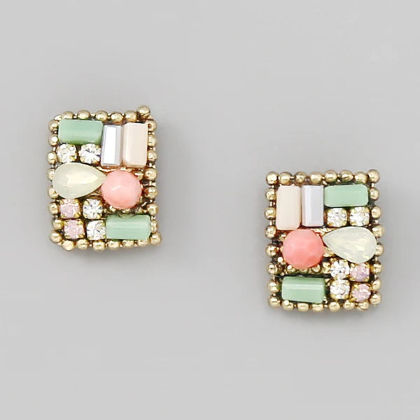 Glass Stone Cluster Rectangular Stud Earrings