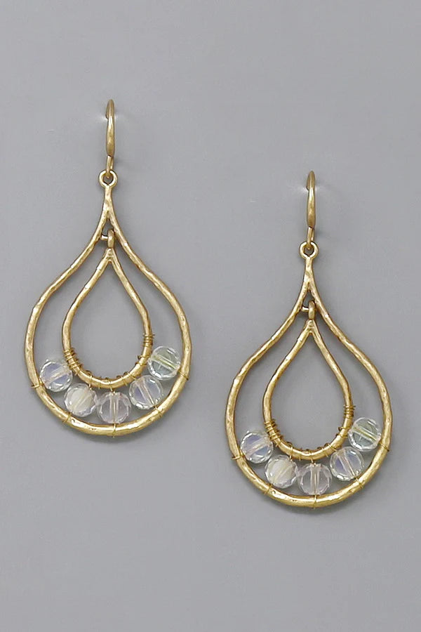 Flattened Glass Bead Metal Teardrop Earrings