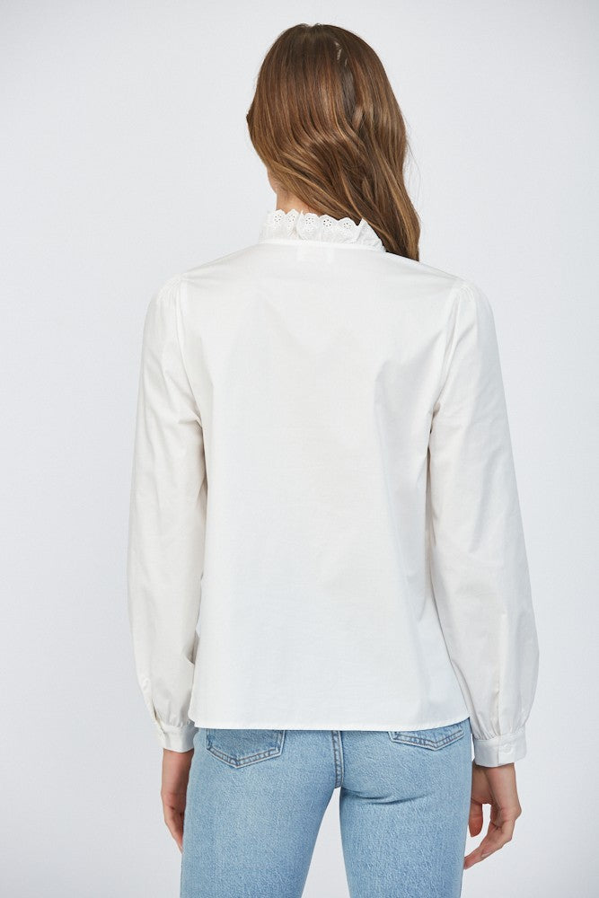 Off White Blouse with Eyelet Lace Front Placket