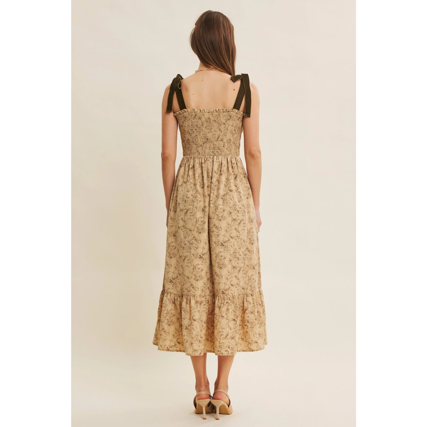 Floral Midi Dress with Velvet Shoulder Ties