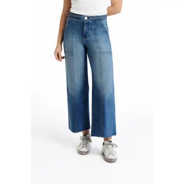 27" Cropped Wide Leg Jeans w/ Braided Waistband in Bolt