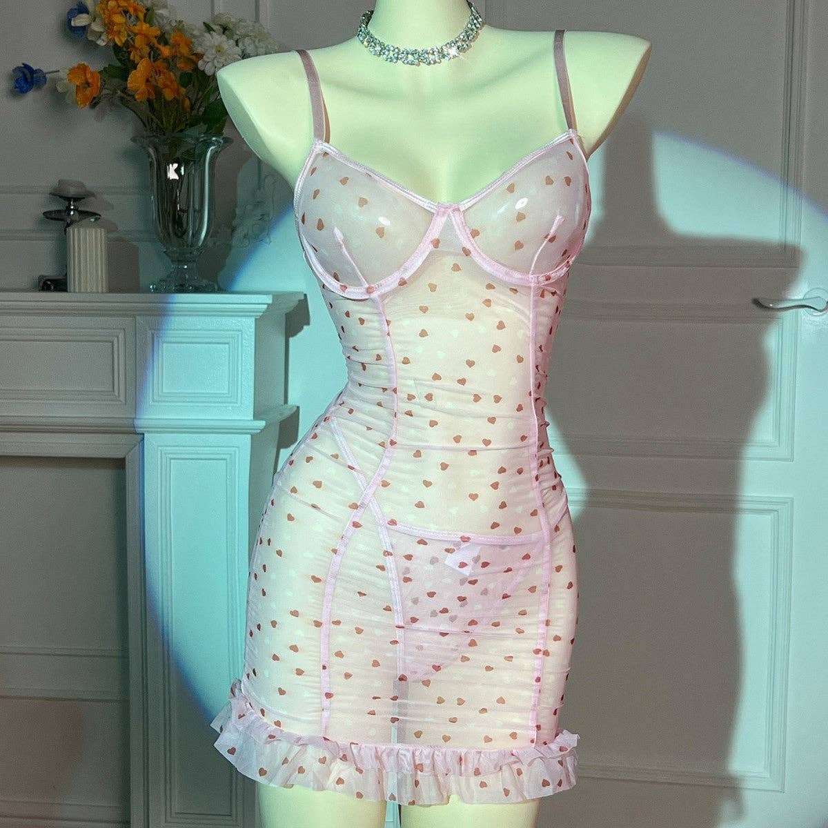 Ladies Heart Print See Through Lingerie Chemise Set