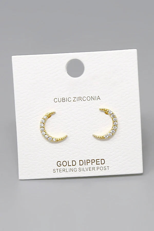 CZ Pave Crescent Moon Gold Dipped Stud Earrings