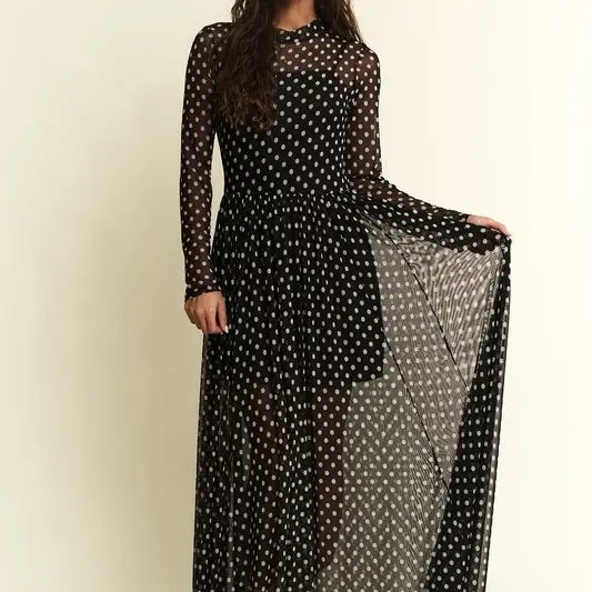 Polka Dot Print Mesh Maxi Dress