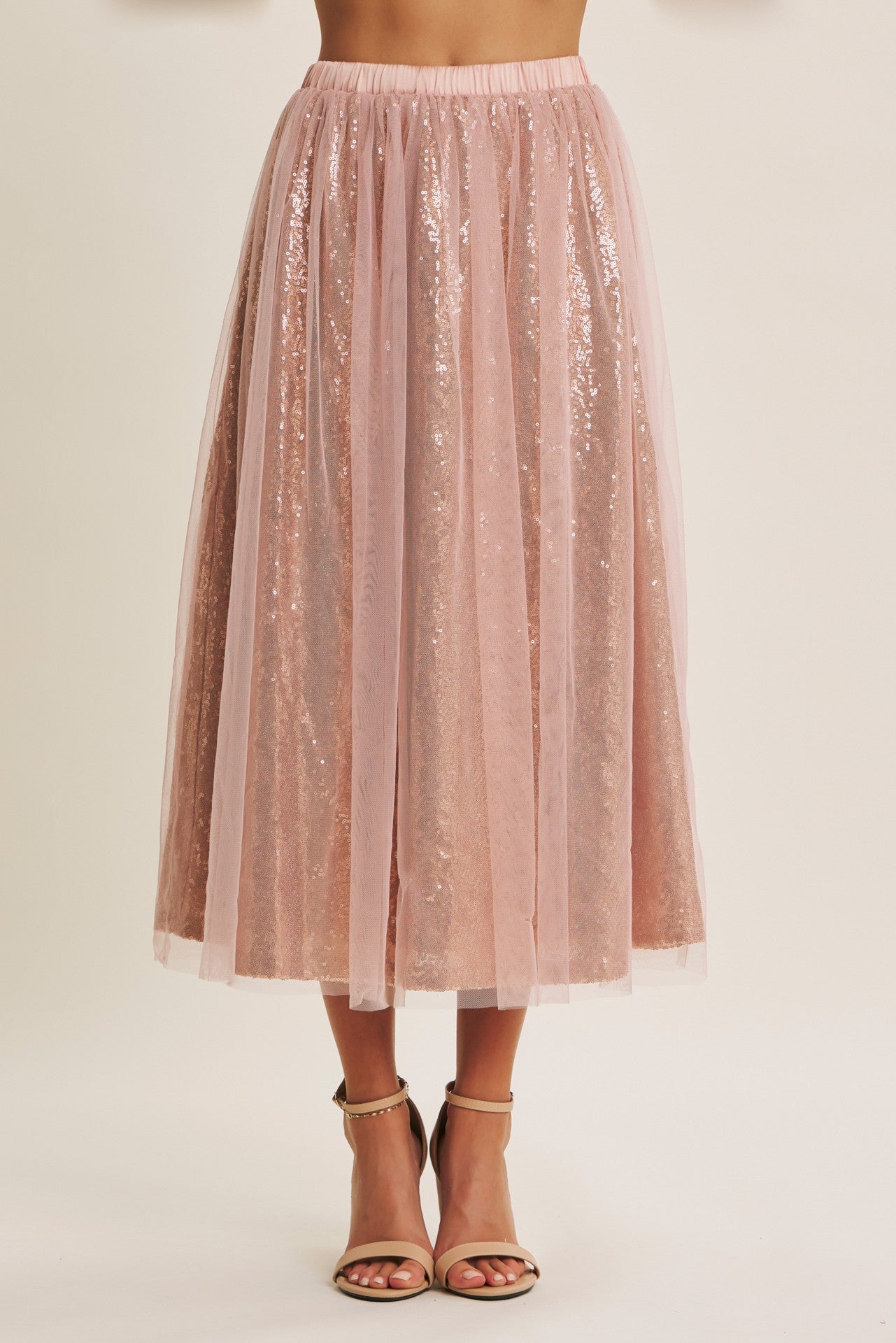 Rose Gold Sequin Mesh Tulle Midi Skirt