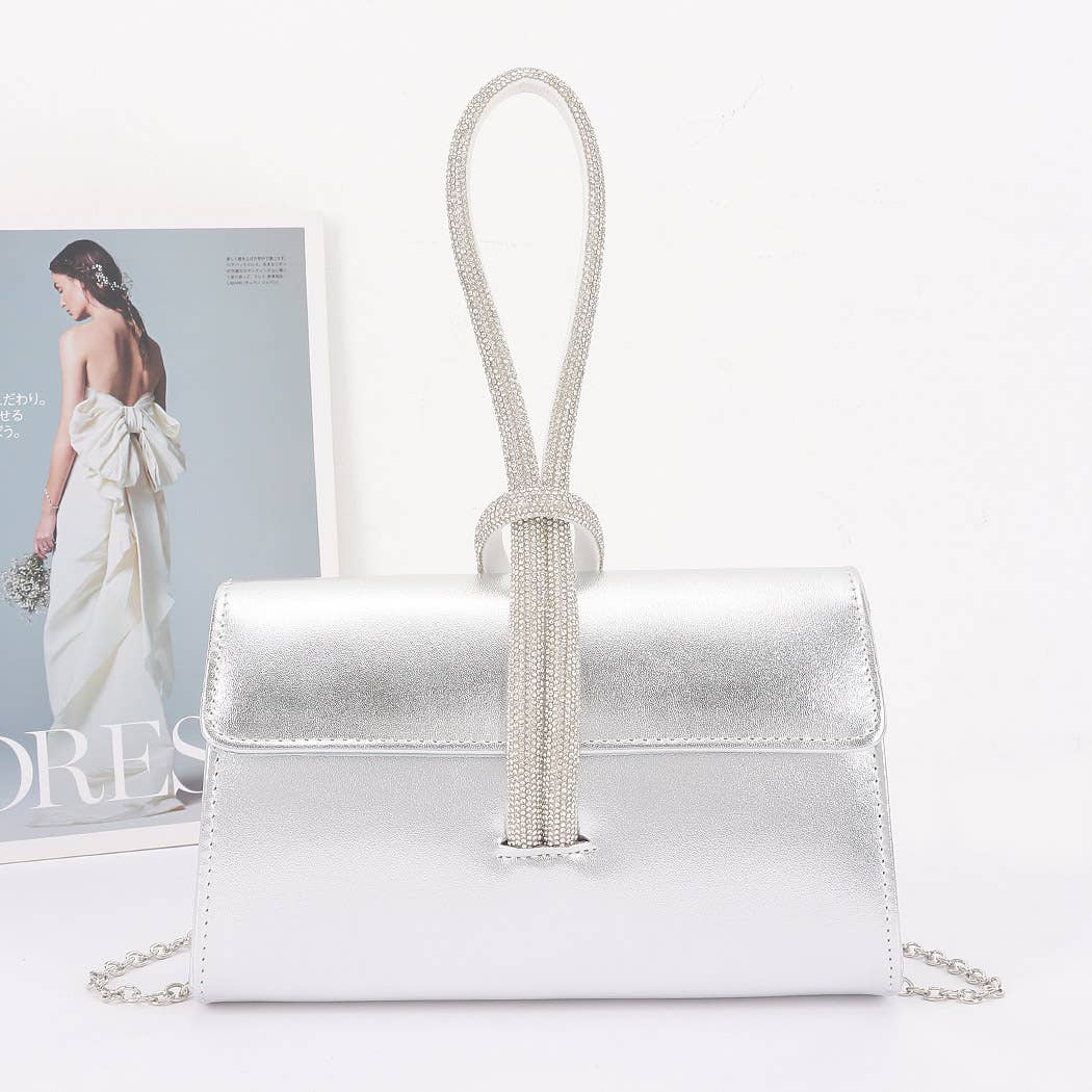 Metallic Faux Leather Rhinestone Handle Clutch