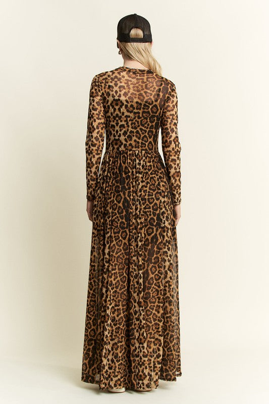 Long Sleeve Animal Print Mesh Maxi Dress