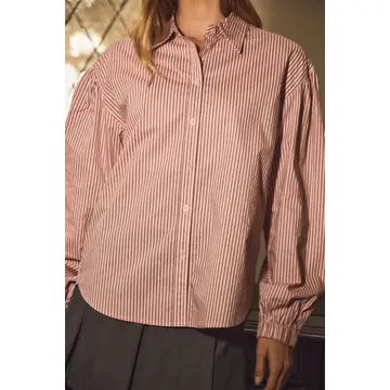Blush Mauve Button Down Stripe Shirt with Puff Sleeve