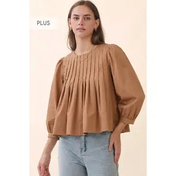Pintuck Blouse with Puff Sleeve in Caramel