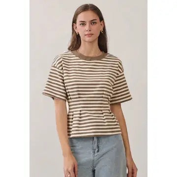 Stripe Short Sleeve Pintucked Tee with Contrast Neckline