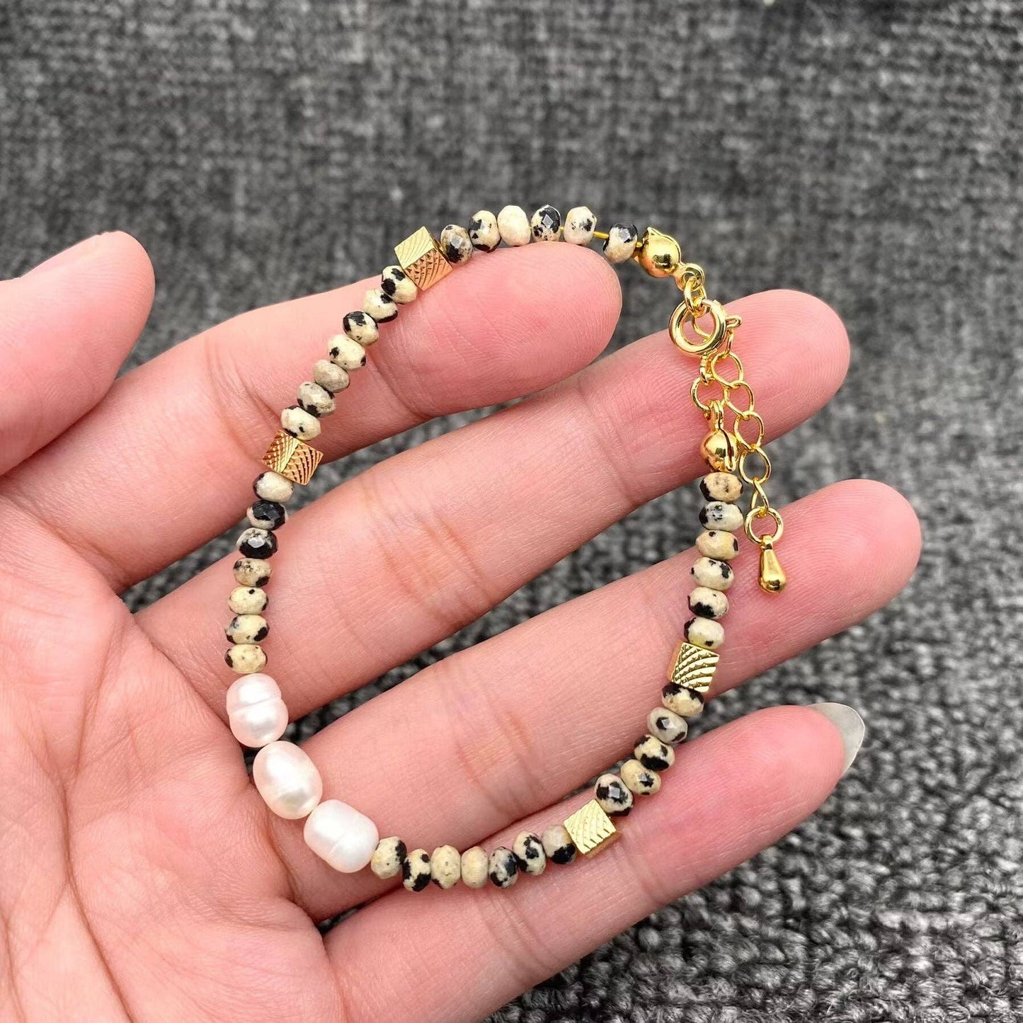 Natural Stone & Pearl Beaded 18K Gold Plated Bracelet - CS