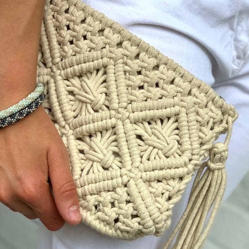 Cream Macrame Clutch with Tassel