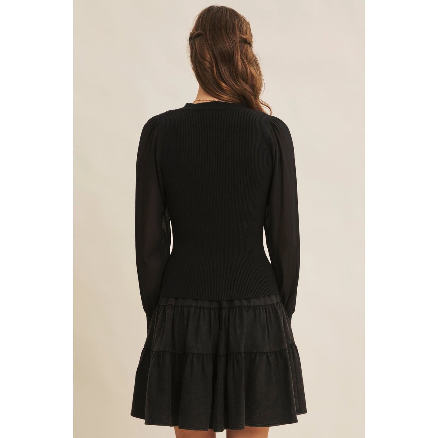 Ribbed Sweater Cardigan with Chiffon Sleeves