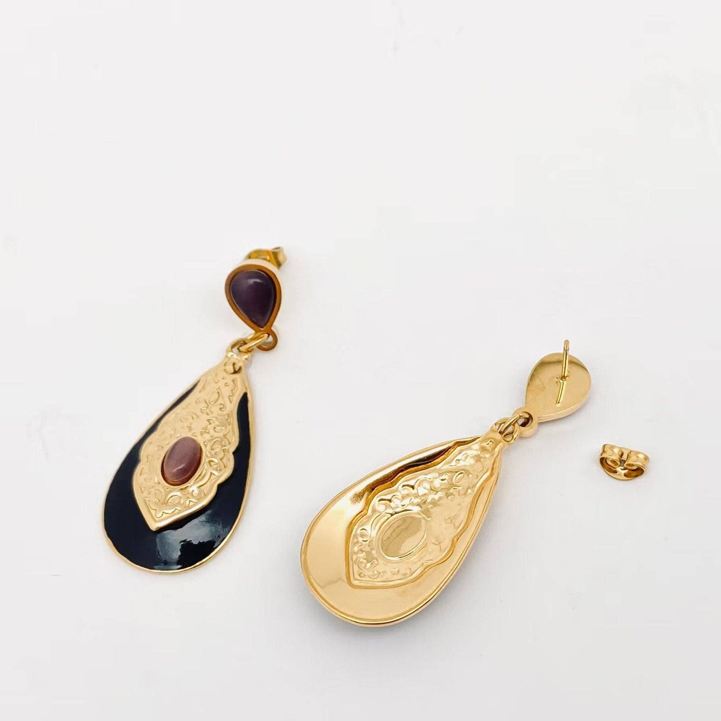 Cat's Eye Stone Carved Texture 18K Gold Plated Earrings -FGS