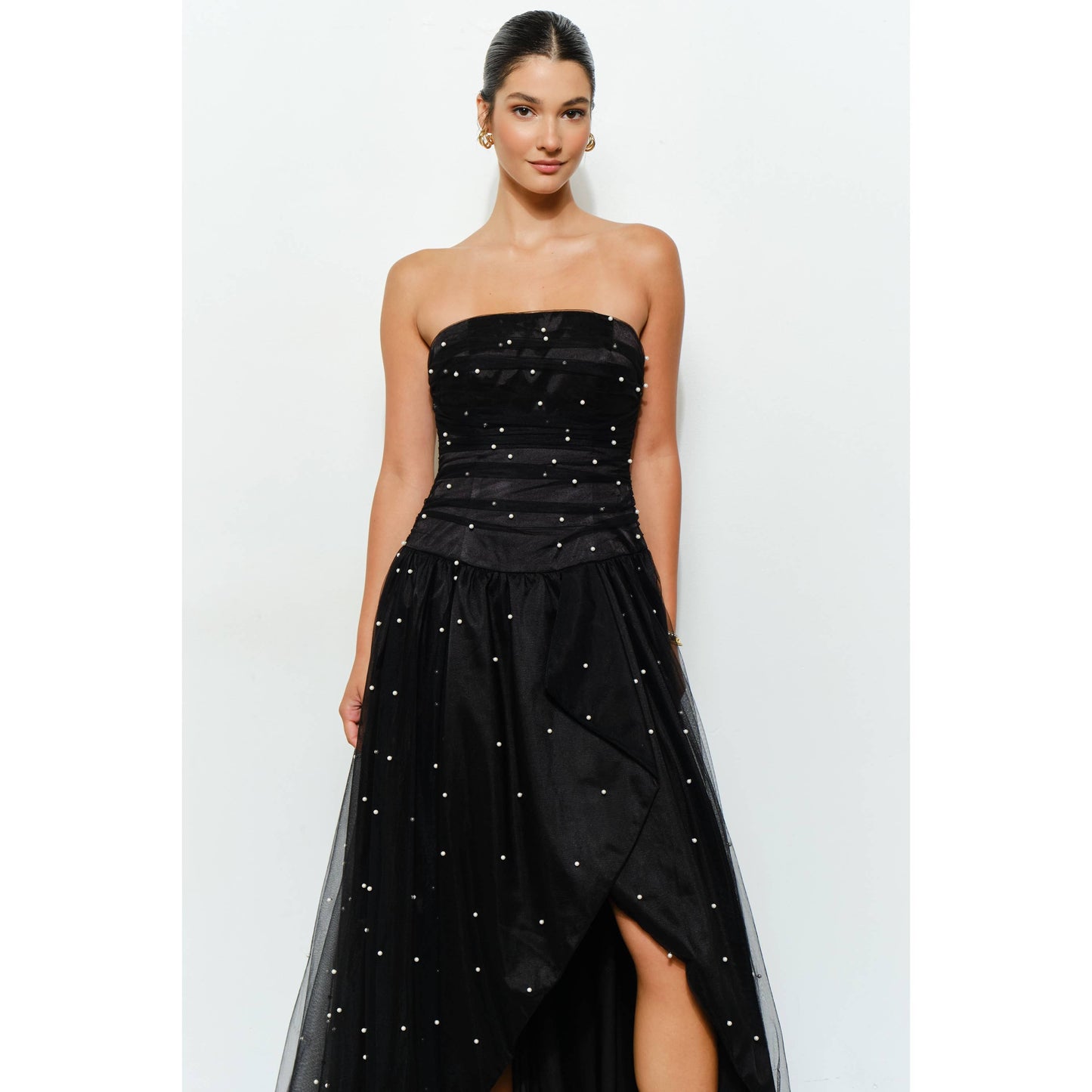 Pearl-Embellished Layered Tulle Maxi Dress