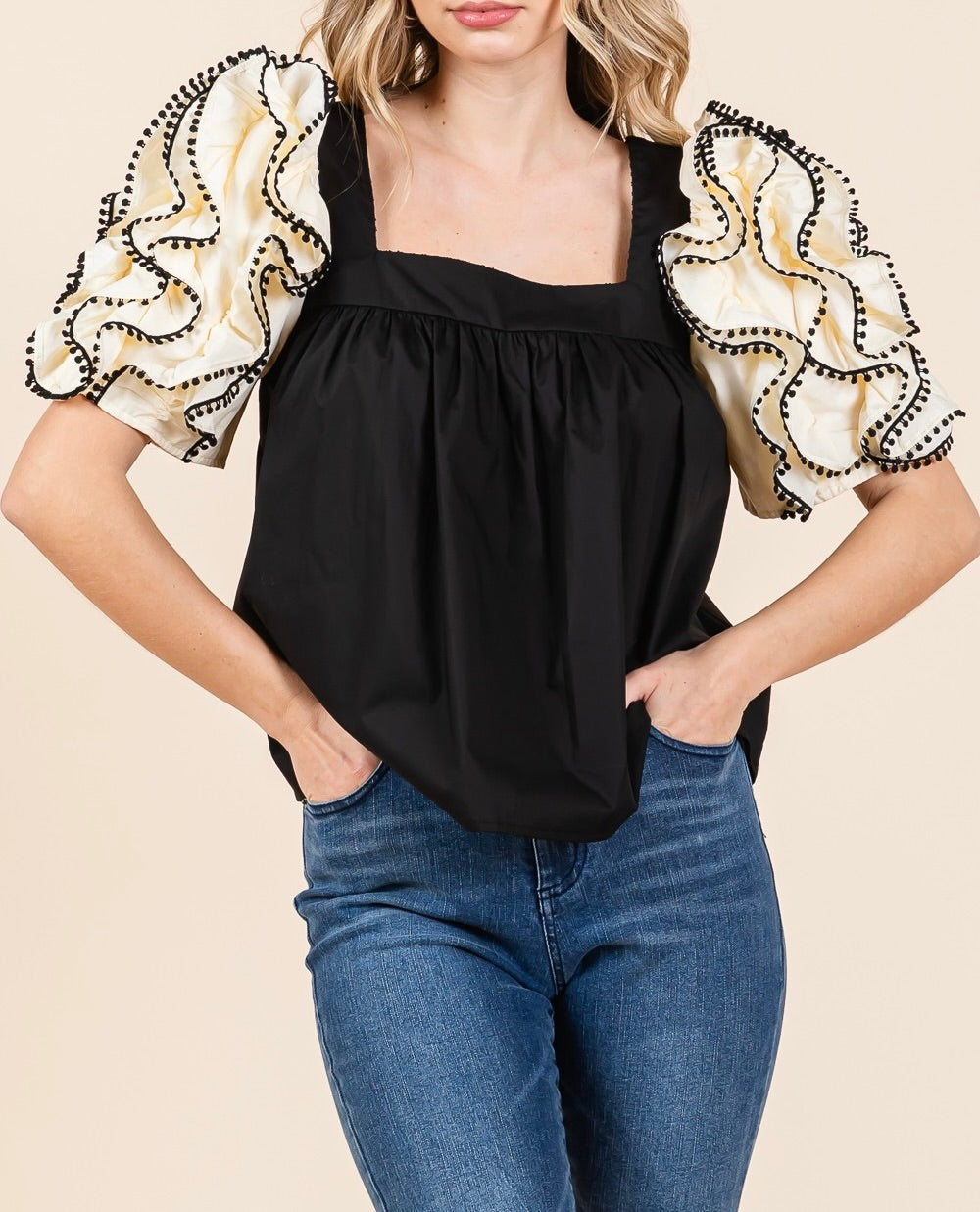 Black and White Ruffle Sleeve Blouse