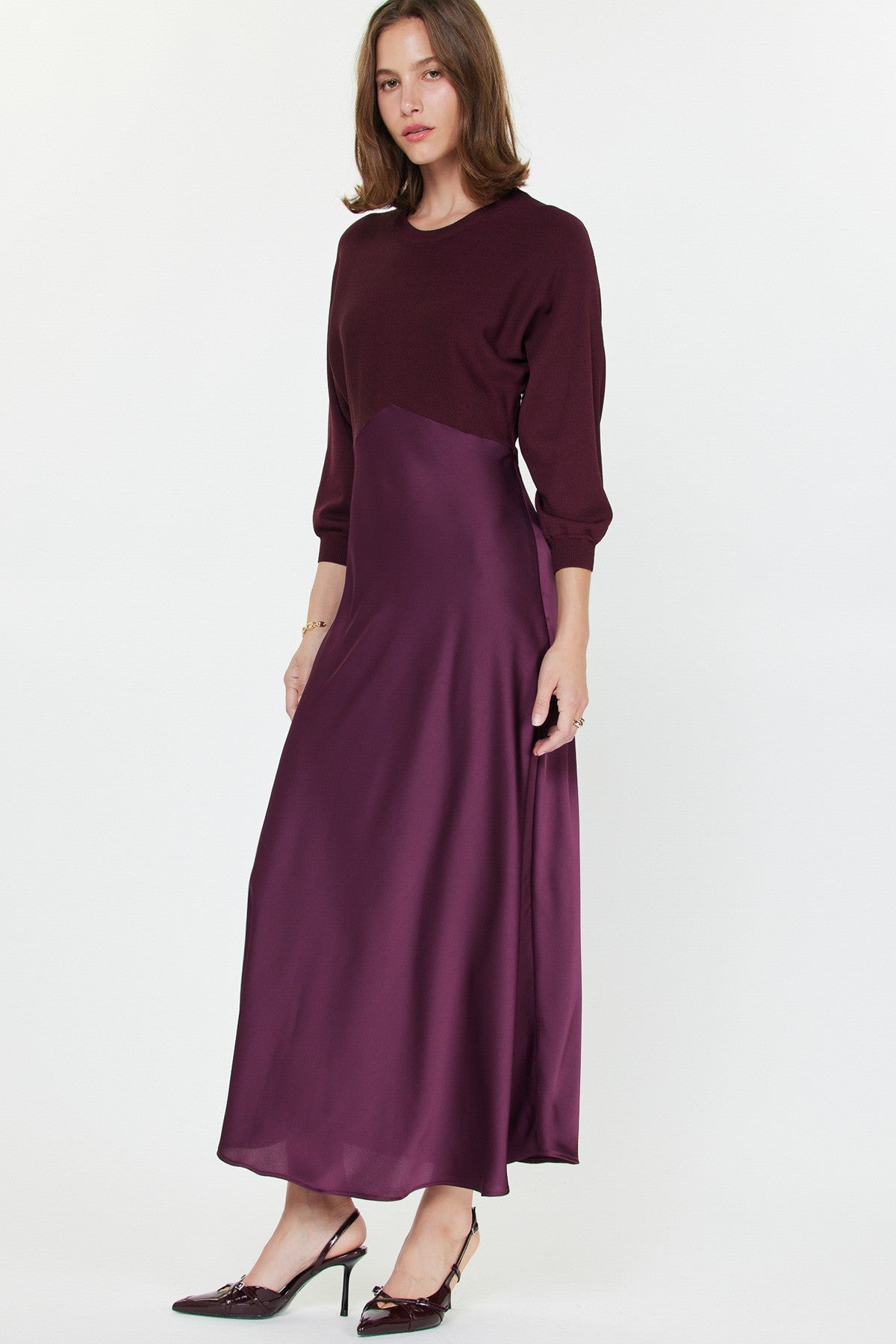 3/4 Sleeve Sweater Top Silky Bottom Dress