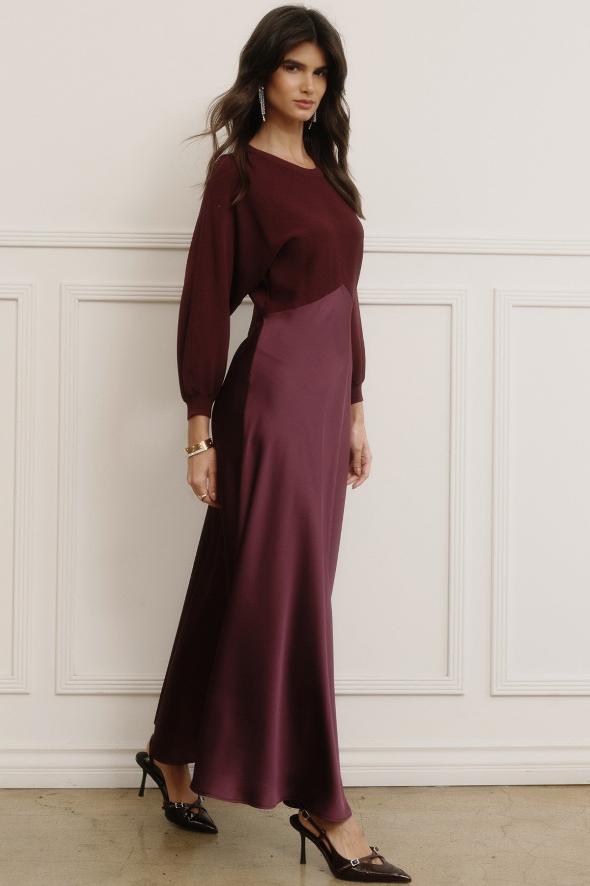 3/4 Sleeve Sweater Top Silky Bottom Dress