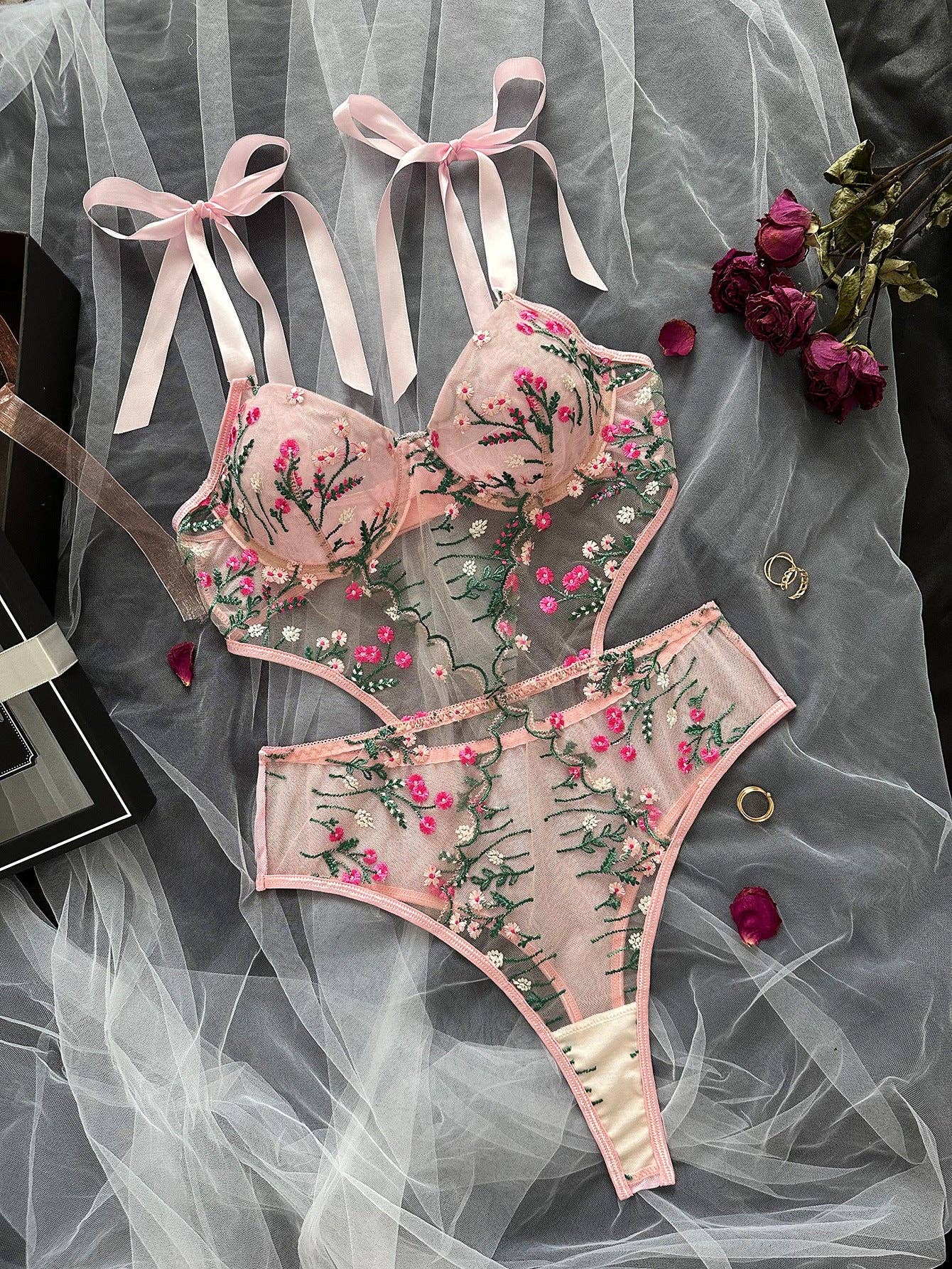 Floral Embroidery Ultrathin Perspective Teddy HF-4132