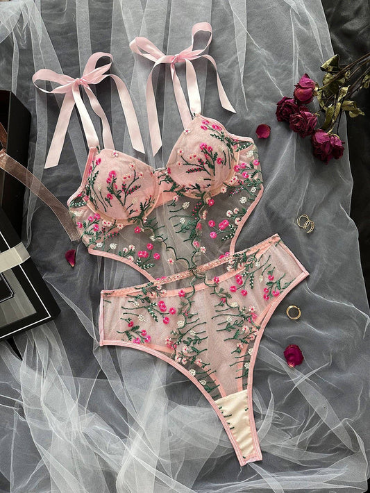 Floral Embroidery Ultrathin Perspective Teddy HF-4132