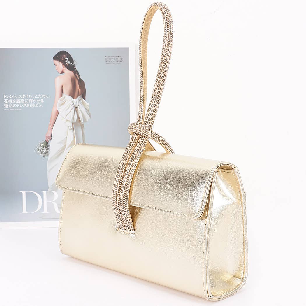 Metallic Faux Leather Rhinestone Handle Clutch