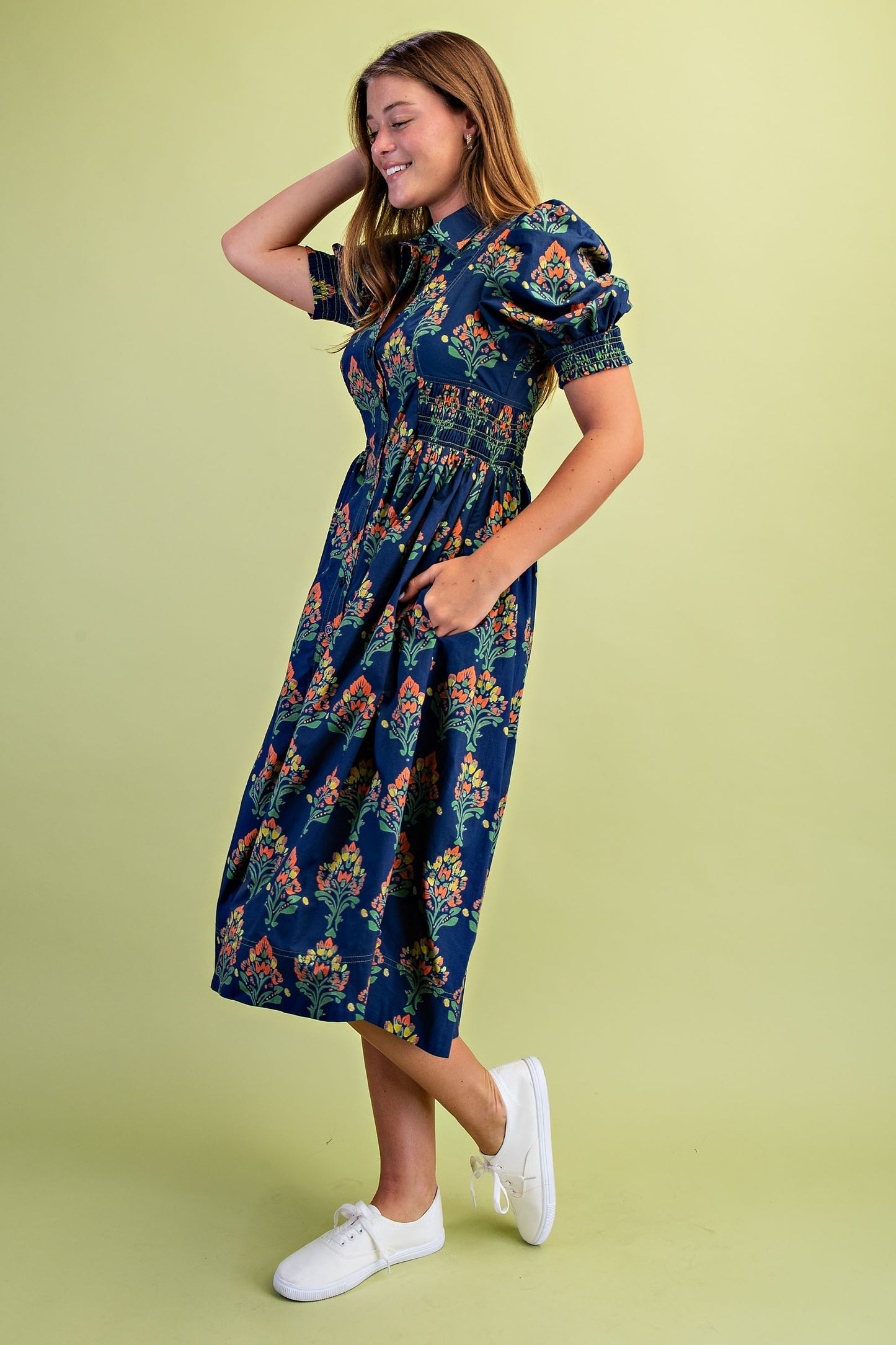 Floral Print Puff Sleeve Midi Shirt Dress with Smocked Waist
